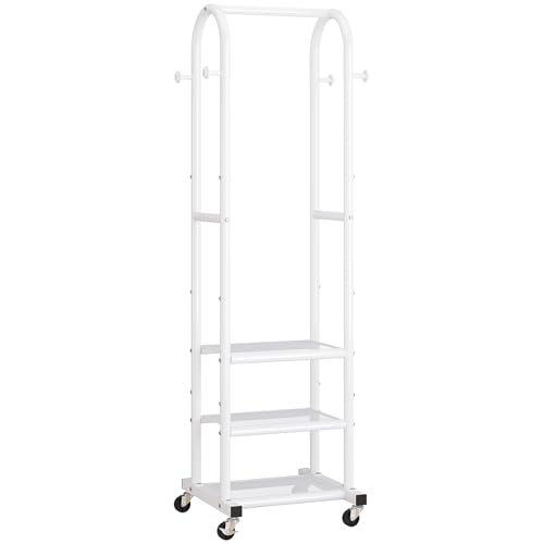 Dttwacoyh Metal Clothing Rack with Wheels and Hanging Hooks,Narrow Coat and Shoe Rack,Small Hall Tree,for Small Space, Bedroom, entryway, Walk-in Closet, Laundry Room- White - color: White