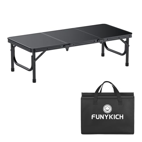 FUNYKICH 3ft Low Folding Camping Table with Carry Bag, 34.2'' Lx15.7'' W Portable Picnic Tables, Lightweight Thicker Aluminum Beach Table with Carry Handle for Beach, Camping, Picnic, Black - color: Black