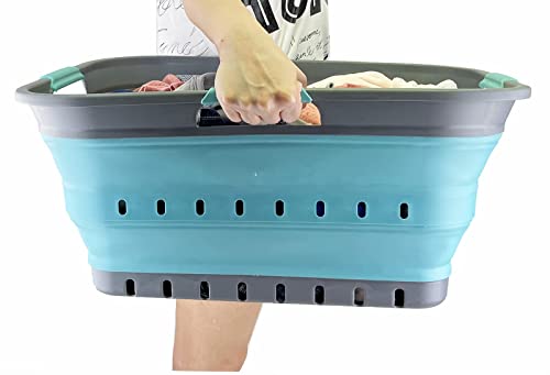 SAMMART 42L (11 gallon) Collapsible Plastic Laundry Basket - Foldable Pop Up Storage Container/Organizer - Space Saving Hamper/Basket (Grey/Crystal Blue) - color: Grey/Crystal Blue