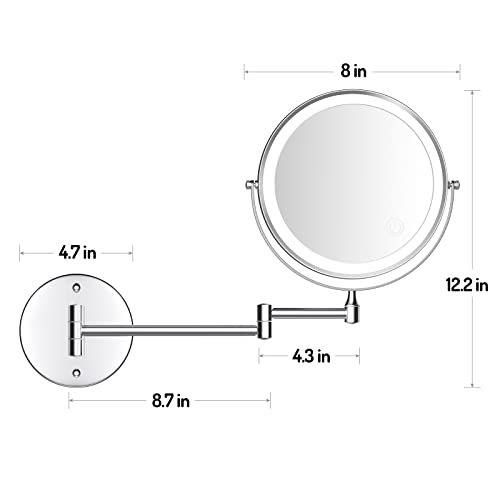 Rocollos Rechargeable Wall Mounted Lighted Makeup Mirror, 8 Inch Double-Sided LED Vanity Mirror 1X/7X Magnification,3 Color Lights Touch Screen Dimmable 360°Swivel 13 Inch Extendable - color: 8 Inch 7x Chrome