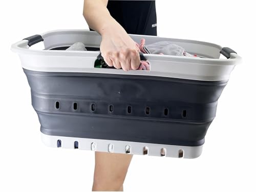 SAMMART 42L (11 gallon) Collapsible Plastic Laundry Basket - Foldable Pop Up Storage Container/Organizer - Space Saving Hamper/Basket (Grey/Charcoal Black) - color: Grey/Charcoal Black