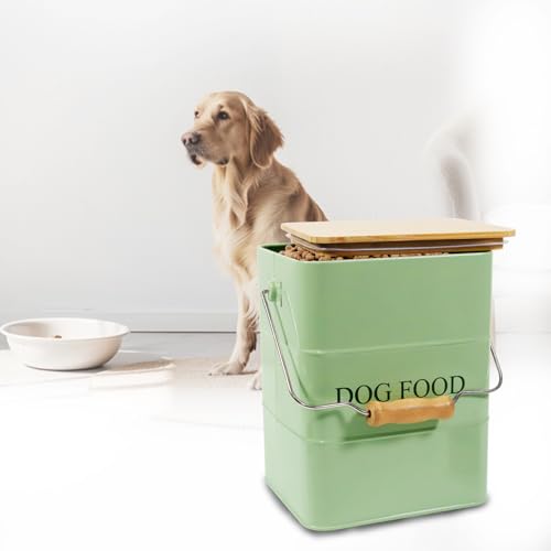 Morezi Dog Treat and Food Storage tin with Wooden lid and Scoop Included - White Powder - Carbon Steel - Dog Food bin - pet Food Container Storage Canister Green - color: Green