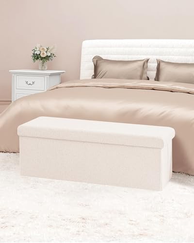 B FSOBEIIALEO Small Storage Ottoman Cube Sherpa Ottomans Foot Rest, Foldable Boucle Ottoman Bench, Faux Teddy Fur, Cream White 43.3"x15"x15" - color: White, size: 43.3"x15"x15"