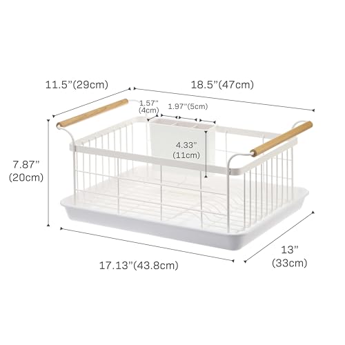 YAMAZAKI Home Dish Drying Rack – Modern White Dish Rack for Kitchen Counter with Removable Drying Tray and Cutlery Holder, Steel + Wood Dish Drying Organizer - Steel + Wood -
