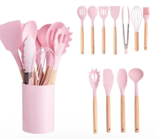 Silicone Kitchen Utensil Set with Wooden Handles – 12 Pieces + Holder, Heat Resistant, Non-Stick Cooking Tools (Multiple Colors (pink) - color: Pink