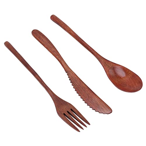 3-Piece Wooden Cutlery Set, Portable Reusable Wooden Utensil Set Including Spoon Fork Knife and Box for Lunch, Camping, Family and Office