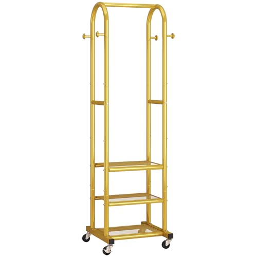 Dttwacoyh Metal Clothing Rack with Wheels and Hanging Hooks,Narrow Coat and Shoe Rack,Small Hall Tree,for Small Space, Bedroom, entryway, Walk-in Closet, Laundry Room-Gold - color: Gold
