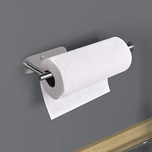 VAEHOLD Adhesive Paper Towel Holder Under Cabinet Mount, Wall Mounted Paper Towel Roll Holder for Kitchen Paper Towel, Stainless Steel(Silvery) - color: Silver
