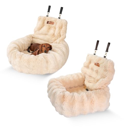Pelsbarn Luxurious Cozy Car Bed - X-Small Luxury Travel Dog Bed with Safety Belt - Ultra Soft Faux Fur - Beige - color: Beige, size: X-Small