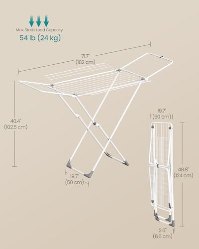 SONGMICS Clothes Drying Rack, Metal Laundry Drying Rack, Foldable, Space-Saving, Free-Standing Airer, with 4 Gullwings, Indoor Outdoor Use, Bed Linen Clothing, White ULLR541W01 - color: White, style: 4 Gullwings(31.7"D)