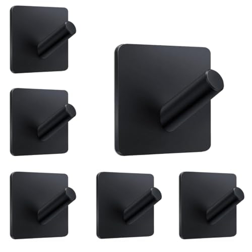 Adhesive Towel Hooks 6 Pack, Bath Towel Hooks, Adhesive Wall Hooks for Bathroom Coat Robe Kitchen, Stainless Steel self-Adhesive Hooks, Black - style: S-Black-Cylinder
