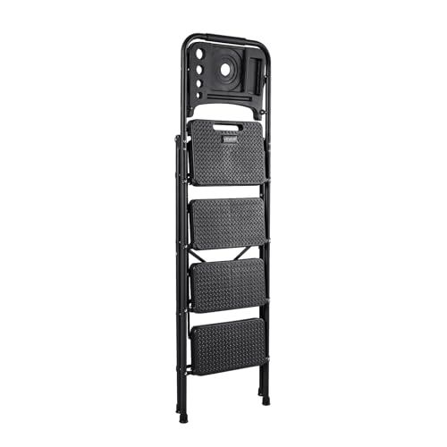 VEVOR 4 Step Ladder, Folding Step Stool with Wide Anti-Slip Pedal, Tool Tray, Comfort Handgrip, 600 lbs Capacity Portable Steel Ladder, Multi-Use for Kitchen, Home, Household and Office, Black - size: 18.3 x 35.8 x 57 in(Expanded)