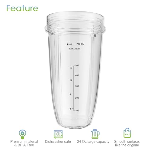 MEET JUICE 7-Fin Blender Replacement Parts for Ninja BL480 BL640 BL642 – 24oz Cup with Lid and Blade, Fits 7-Fin Drive Systems Only