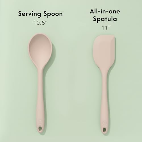 Non-Toxic Platinum Silicone Kitchen Utensil Set of 2 โ Non-Scratch Cooking Spoon & Spatula, 100% Plastic Free, Stainless Steel Core, Heat Resistant 500ยฐF, Beige