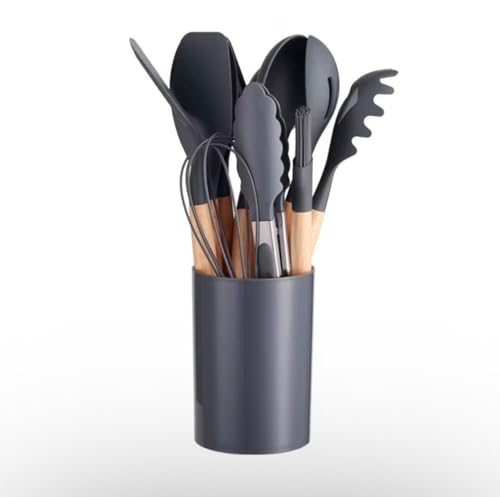 Silicone Kitchen Utensil Set with Wooden Handles – 12 Pieces + Holder, Heat Resistant, Non-Stick Cooking Tools (Multiple Colors (gray) - color: Gray
