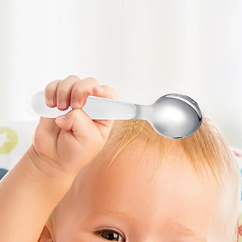 VANRA 2 Pieces Toddler Fork and Spoon Set with Travel Case 18/8 Stainless Steel Toddler Utensils Kids Silverware Children Flatware Child Cutlery Set for School Lunch Box (White) - color: White