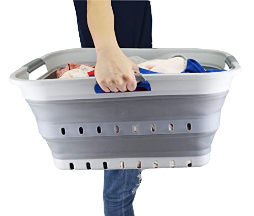 SAMMART 42L (11 gallon) Collapsible Plastic Laundry Basket - Foldable Pop Up Storage Container/Organizer - Portable Washing Tub - Space Saving Hamper/Basket (Grey/Dark Grey) - color: Grey/Dark Grey