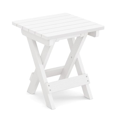 LUE BONA Small Outdoor Folding Side Table, HDPS Outside End Table for Patio, Porch, Deck, Pool, 14 Inch Height, White - color: White