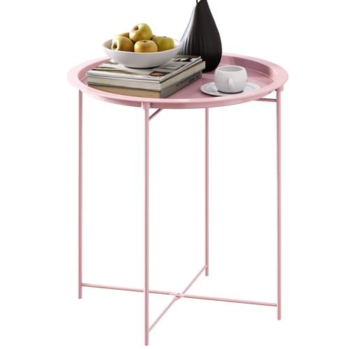 End Table Set of 2,Pink Outdoor Side Table, Small Patio Round Folding Metal Side Tables for Outdoor,Living Room,Bedroom Balcony and Office, 2 PCS - color: Pink