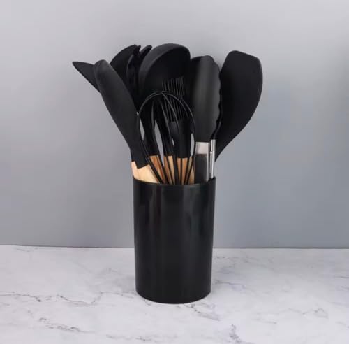 Silicone Kitchen Utensil Set with Wooden Handles – 12 Pieces + Holder, Heat Resistant, Non-Stick Cooking Tools (Multiple Colors (black) - color: Black