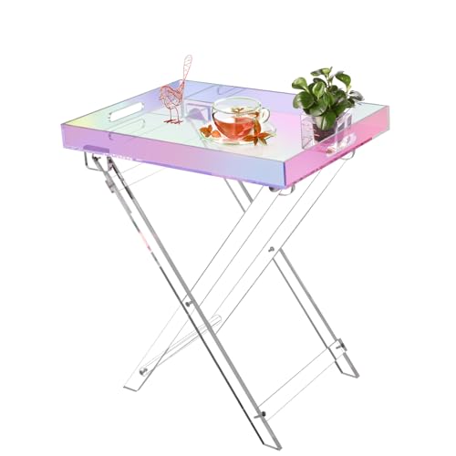 Acrylic Folding Tray Table, Rainbow Color Acrylic Coffee Table, Iridescent Side Table Modern Accent Square End Table for Coffee, Drink, Food, Snack for Living Room & Bedroom