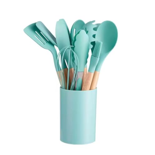 Silicone Kitchen Utensil Set with Wooden Handles – 12 Pieces + Holder, Heat Resistant, Non-Stick Cooking Tools (Multiple Colors (mint green) - color: Mint Green