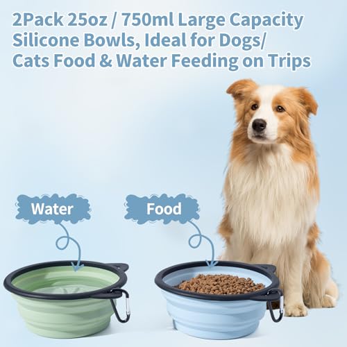 2Pack Silicone Collapsible Dog Bowls, Cute Pet Ear Shape and Cat Graphic Travel Water Bowl Full of Pet Atmosphere 25oz Portable Feeder for Small Large Dog Walking Hiking Camping (Light Blue and Green) - color: Light Blue and Green