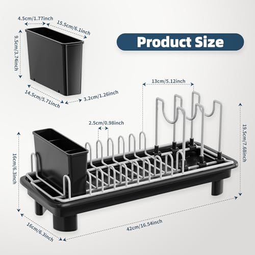 SanDream Small Dish Drying Rack with Removable Utensil Holder & Anti-Scratch Base - Stainless Steel Dish Rack, Dish Drying Rack with Drainage & Space Saving Design for Kitchen Counter, Black - color: Black