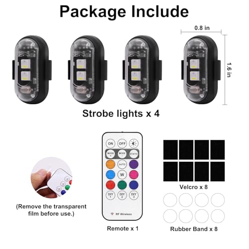 4PCS Wireless LED Strobe Lights with Remote Control, 8 Colors USB Charing Waterproof Anti-Collision Led Emergency Warning Lights for Car Motorcycle Drone Aircraft Bike