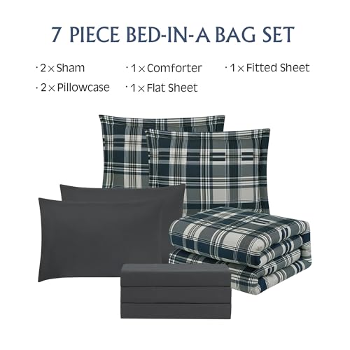 MaiRêve Queen Size Comforter Set Navy Blue, Classic Plaid Farmhouse 7 Pieces Bedding Set, All Season Lightweight Bed in a Bag with Sheets, Pillowcases & Shams - color: Navy Blue, size: Queen