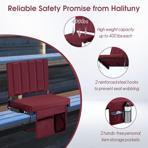 Stadium Seat for Bleachers with Back Support, Portable Bleacher Seat with Wide Comfy Padded Cushion, Metal Hook, Folding Stadium Chair with Shoulder Strap, Carry Handle, Cup Holder, Burgundy - color: Burgundy