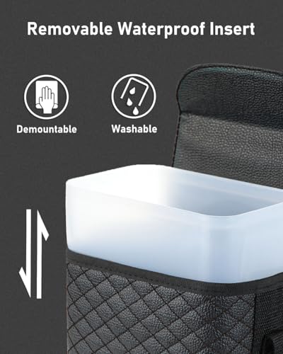 BELINOUS Leather Car Trash Can with Matching Tissue Holder | Waterproof and Leakproof, Mini Car Trash Can with Lid, Adjustable Strap, Small Garbage Bin