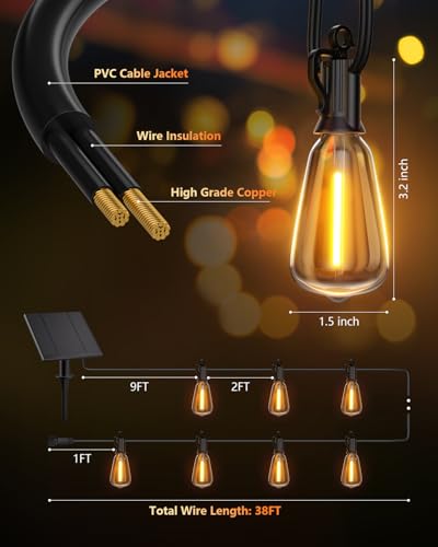 Brightown 38FT Solar String Lights Outdoor Waterproof with Remote, 15+1 LED Shatterproof Bulbs, Dimmable & Timable, 3 Light Modes - Commercial Grade Patio Lights for Garden Backyard Party Decor - size: 38FT(15+1 Sockets)