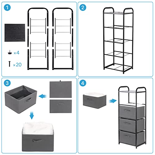 MAX Houser 4 Drawer Fabric Dresser Tall Storage Tower, Dresser Chest with Wood Top, Vertical Nightstand Side Organizer Unit with Metal Frame for Closets Bedroom Nursery Room Hallway(Leaden) | , Dresser Chest with Wood Top, Vertical Nightstand Side Organiz