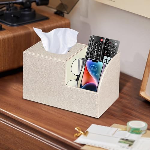 PU Leather Square Tissue Box Cover - Multi-Functional Tissue Box Holder, Tissue Box Cover with Storage,Tissue and Remote Control Holder, Cube Tissue Box Organizer Bedroom Nightstand End Table - color: Beige