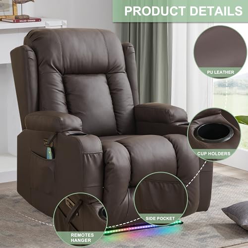 TUNYI Power Recliner Sofa with Massage & Heat Home Theater Seating with Console RV Recliner Sofa with USB/Storage/Side Pocket/LED Light/Speaker (Brown, 1PC) - color: Brown, size: 1 Seat