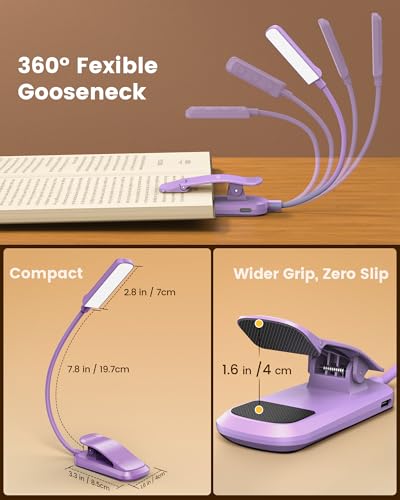 Glocusent 13 LED Rechargeable Book Light for Reading at Night, Eye-Caring 3 Amber Colors & Stepless Dimming, Lasts 1 Week to 2 Months, Travel Clip on Lamp, Gifts for Book Lovers, Men, Women & Kids - color: Purple
