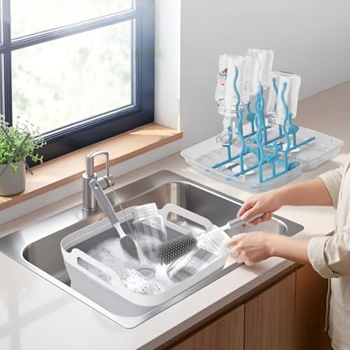 Collapsible Wash Basin with Drying Rack for Baby Bottle,2.4 Gallon Dish Basin with Portable Baby Bottle Drying Rack for Kitchen & Travel & Camping