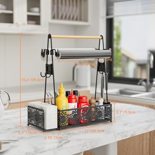 EKNITEY Camping Utensil Grill Holder: BBQ Condiment Griddle Kitchen Organizer With Handle - Caddy Storage For Travel Picnic - color: Wood and black
