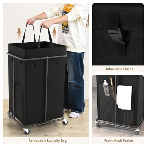 40 Gal Large Laundry Hamper with Lid, Rolling Laundry Basket with Wheels, Oxford Fabric Dirty Clothes Hampers with Removable Laundry Bag & Metal Frame for Bedroom, Laundry Room, Bathroom, Dorm(Black) - color: Black-2