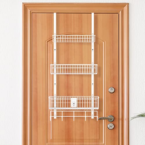 OYEAL Over The Door Organizer White Pantry Door Organizer with Hooks, Heavy Duty 3 Tier Metal Door Back Shelves with 3 Baskets for Kitchen, Bathroom, Office