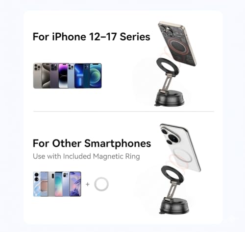 MagSafe Car Mount for iPhone 17/16/15/14/13/12, Magnetic Car Phone Holder with Vacuum Suction, Dual Lock 360° Adjustable Phone Mount for All Smartphones