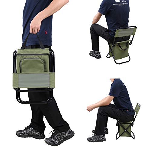 LEADALLWAY Fishing Chair with Cooler Bag Compact Fishing Stool Foldable Small Hunting Chair 12.2" Seat Depth,12.6" Seat Width - color: Green+camouflage