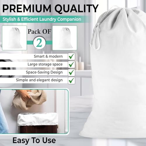 2 Pack - Cotton Laundry Bag, Heavy Duty Large Laundry Bags 24 x 36 inch Drawstring Travel Organizer Bag Fit Hamper Basket Camp (WHITE, Pack of 2) - color: WHITE, size: Pack of 2