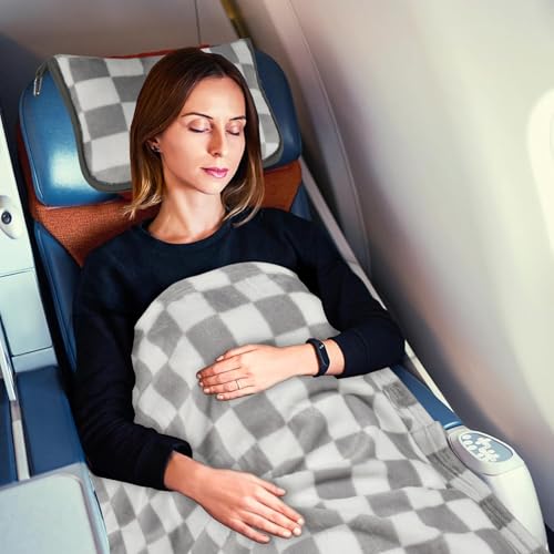 Travel Blanket and Pillow Compact, Premium Soft 2 in 1 Airplane Blanket with Soft Bag Pillowcase,Hand Luggage Sleeve and Backpack Clip (Grey Checkered) - color: Checkered Grey