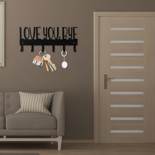 Lyreh Love You Bye Sign Key Holder Hook, Metal Wall Mount Hanger Rack with 2pcs Nails & Caps for Key Coats Hats Easy Installation Ideal Entryway Decor Home Organization Gift(Black) - style: Love You Bye