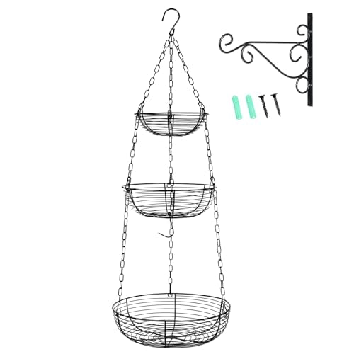 HULISEN 3 Tier Hanging Fruit Basket with Banana Hook, 36-Inch Heavy-Duty Wire Hanging Baskets for Kitchen Storage, Vegetable Produce Organizer (Including Installation Bracket)