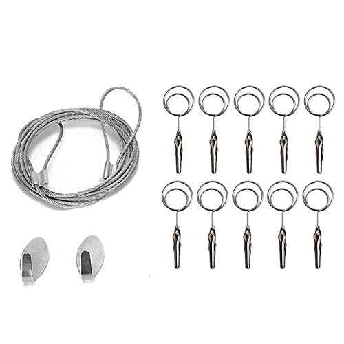 Multi-Purpose Steel Wall Hanging Photo Display Cable Wire Rod with 12 Adjustable Clips for Hanging Photos Notes Postcard and Artworks (Round) - size: Round