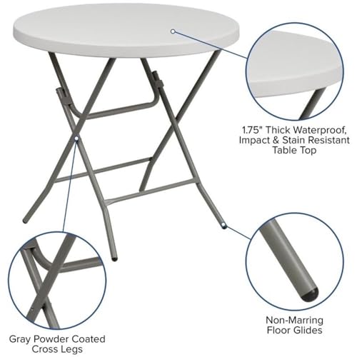 BOWERY HILL Round Folding Table, 31.5 in Diameter, Metal/Plastic, Granite White Finish, Non-Locking Legs, Waterproof and Stain Resistant, Compact Portable Table for RV, Camper, Outdoor Dining