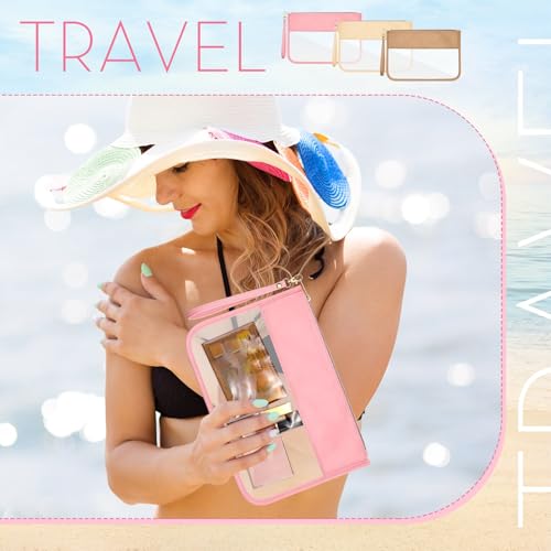 Sanwuta 3 Pcs Clear Flat Zipper Snack Pouches, Sunscreen Chenille Letter Makeup Bags, Portable Waterproof PVC Travel Cosmetic Clearly Tote Pouch Set for Beach Women Teacher Gift(Pink, Beige, Brown) - color: Pink, Beige, Brown
